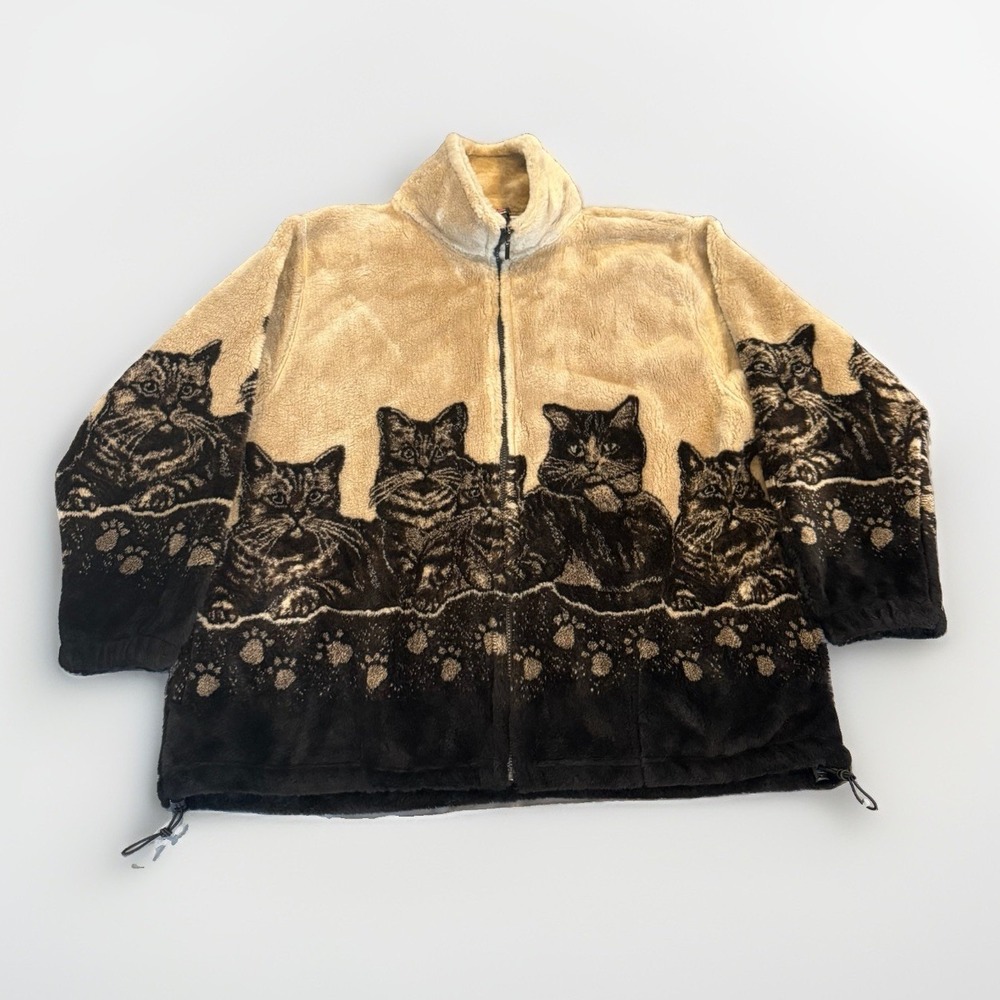 Vintage Mazmania Fleece Cat All Over Print USA Size XL Full Zip jacket Y2K